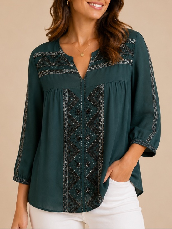 MNM Couture Tops - MNM Couture Teal Embroidered V-Neck Tunic